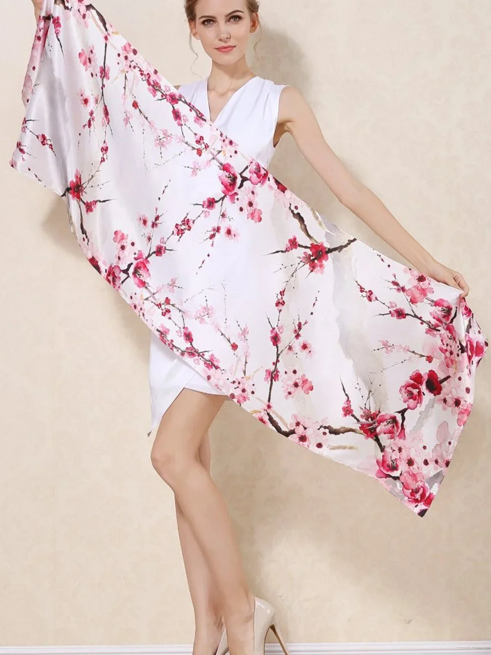 100% Silk Scarf, Oblong, Cherry Blossoms, White